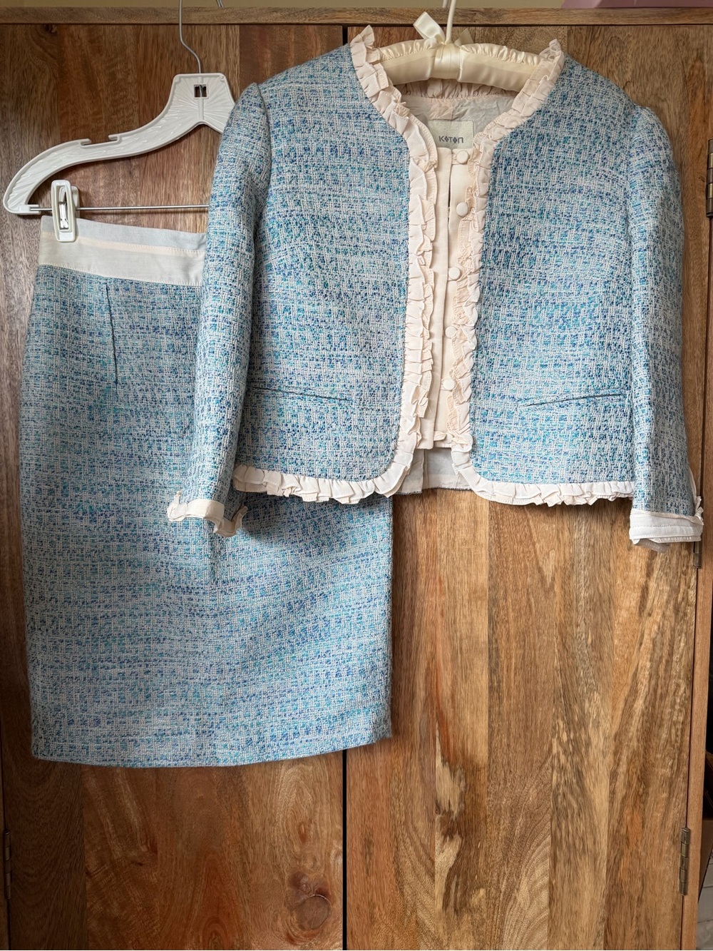 Light Blue Tweed Skirt Suit with Cream Ruffle Trim